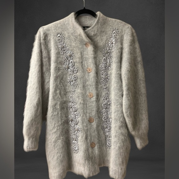 Lee Sands Sweaters - Vintage Lee Sands Angora Cardigan–Pearl Beaded‎ Floral Embroidery–Made in Korea